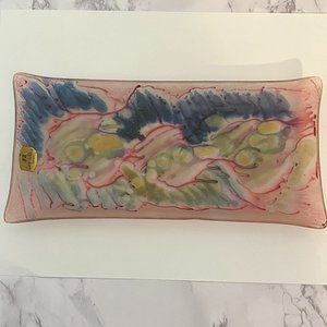 Hand Painted Drip Art Glass Jewelry Tray What Not Dish  Made in Israel Vtg